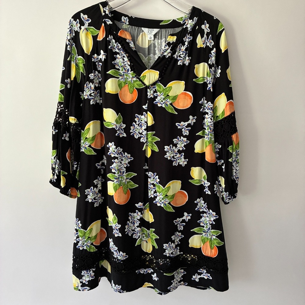 Crown & Ivy Black Midi Dress Women's Petite Large Floral Boho Tropical Vacation